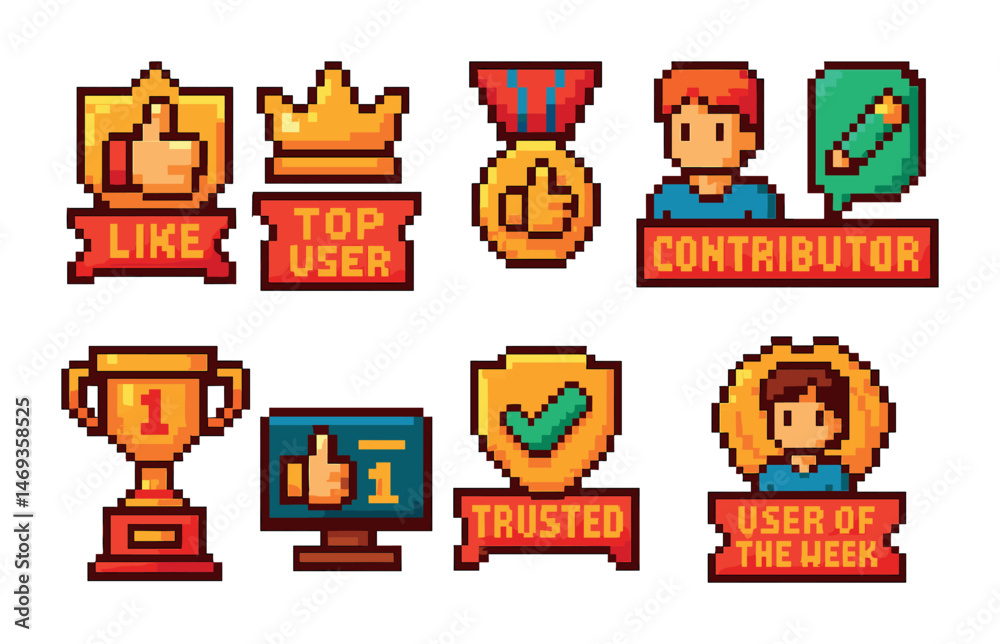 Obraz premium Recognition and award pixel art icons set – badge, achievement, trophy graphics