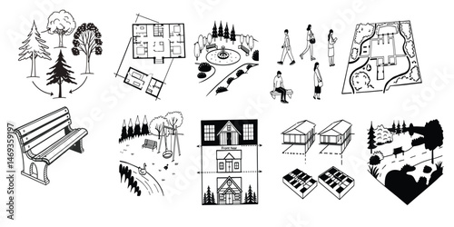 A set of architectural drawing elements in a minimal, hand-drawn vector style suitable for outdoor park and landscape design