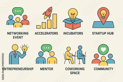 Startup and innovation icons set – flat, filled, entrepreneur and business symbols