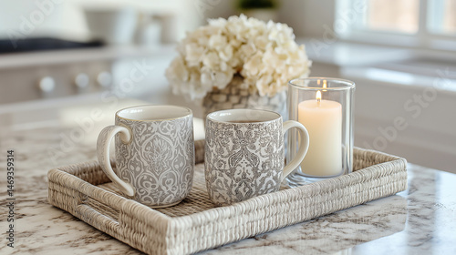Elegant Mugs and Candles on a Marble Island Tray