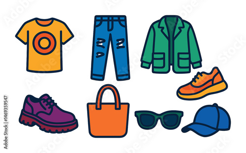 Fashion and clothing outline icons set – trendy, style, wardrobe symbols