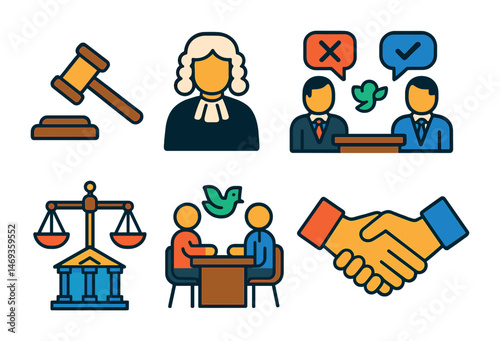 Legal and justice flat icons set - courtroom, law enforcement, judicial symbols