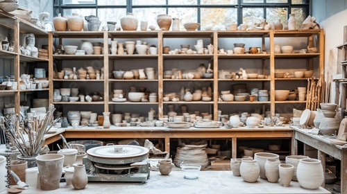 Ceramic Artwork in Studio Workshop with Wooden Shelves and Clay Equipment