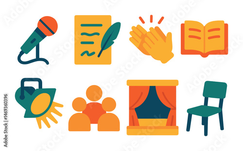 Theater and performance icons set – flat, filled, stage and drama design elements