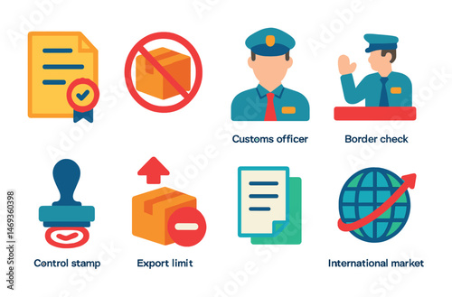 Customs and border control icons set – flat, filled, inspection and security symbols