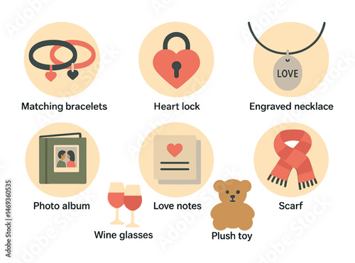 Romantic gifts flat icons set – love, valentine, and anniversary symbols