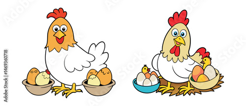 hen and chicks on white background 