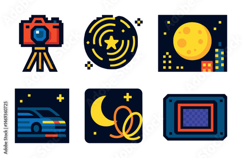 Space science pixel art icons set – filled, cosmic, astronomy illustration symbols