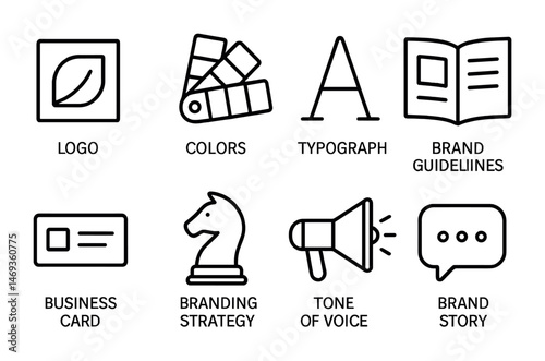 Branding and marketing outline icons set – logo, design, brand management vector symbols