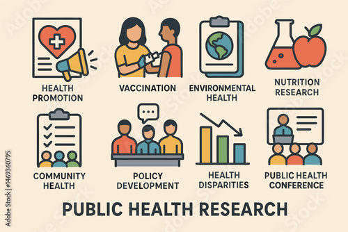 Public health research icons set – flat, community, health promotion symbols