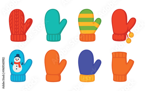Winter gloves flat icons set – cozy, colorful, mitten and handwear designs