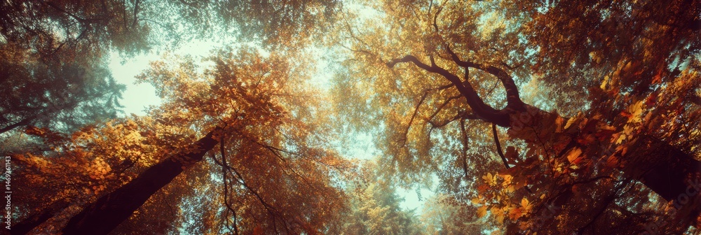 Warm Autumn Tones Illuminate Forest Canopy With Light Leaks in Vibrant Foliage Generative AI