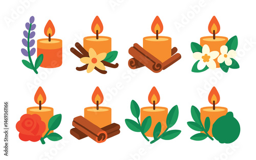 Aromatherapy and spa flat icons set – candles, lavender, wellness symbols