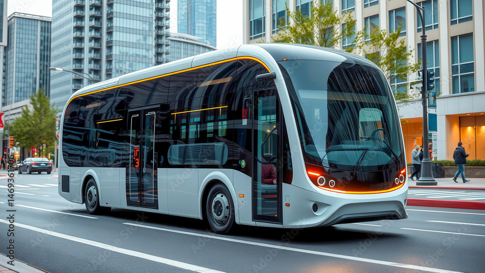 Fototapeta premium A futuristic electric bus drives through the streets of a smart city. The image symbolizes eco-friendly transport and innovation. Ideal for urbanism and sustainability themes.