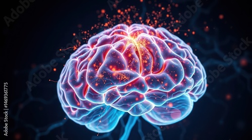 Glowing human brain, neural activity visualized with vibrant energy sparks