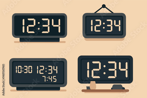 Digital clock outline icons set – modern, linear, timekeeping symbols and widgets