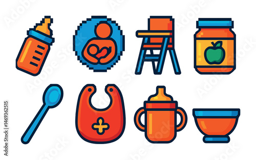 Baby essentials pixel art icons set – filled, solid, infant and nursery symbols