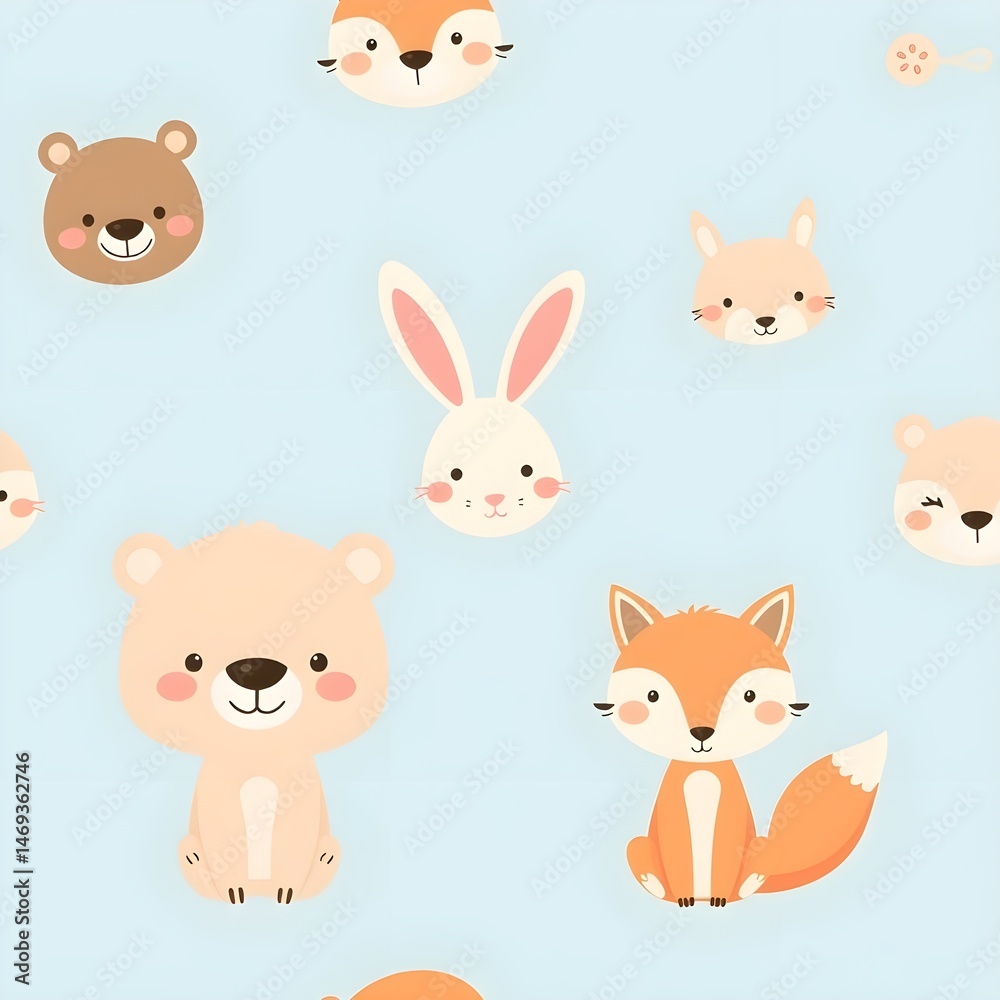 Cute animal characters (smiling bear, rabbit, fox) drawn in pastel tones on a sky blue background, repeated at 5cm intervals
Cute animal characters (smiling bear, rabbit, fox) drawn in pastel tones on a sky blue background, repeated at 5cm intervals