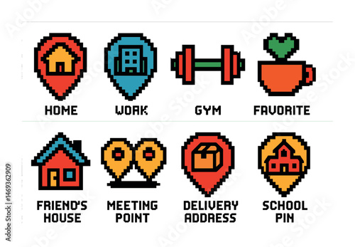 Colorful pixel icons for navigation and lifestyle themes