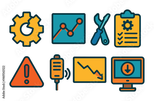Business and analytics flat icons set – solid, filled, data and report symbols