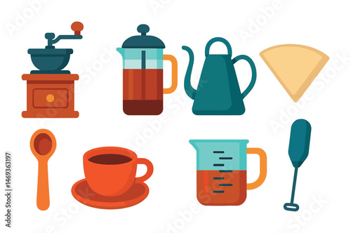 Coffee brewing tools flat icons set – kitchenware, beverage, drink essentials