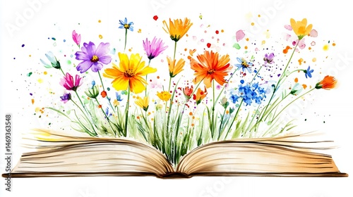 Fototapeta Naklejka Na Ścianę i Meble -  An open book with colorful watercolor flowers and green stems coming out of the pages on white