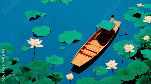 boat on the lake with lotus flowers