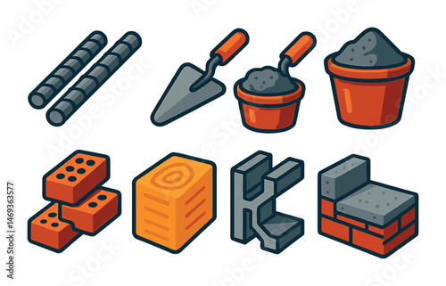 Construction tools icons set – isometric, building, engineering and masonry symbols
