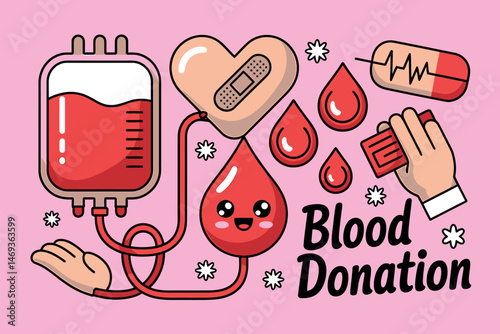 Blood donation cartoon stickers medical health fun graphic set