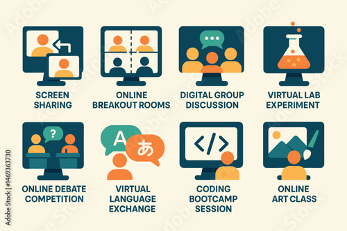 Online activities flat icons set – breakout, virtual, digital collaboration symbols
