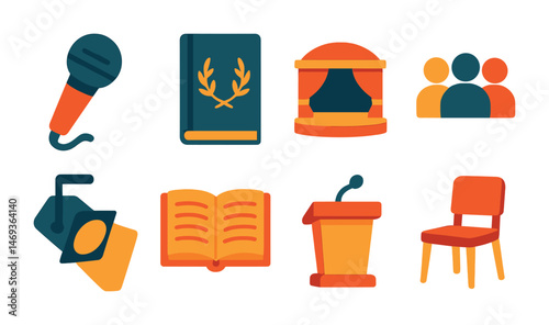 Theater and performance icons set – flat, solid, drama and acting symbols