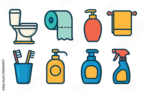 Bathroom essentials icons set – outline, toiletries, hygiene and sanitation symbols