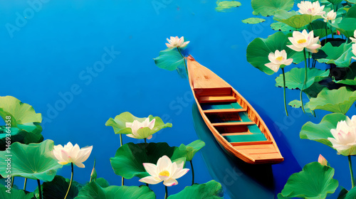 boat on the lake with lotus flowers