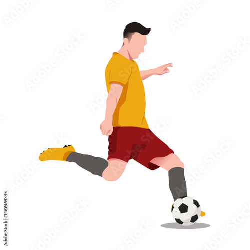 Flat vector illustration of a soccer player kicking a ball. Designed in a dynamic pose for use in sports content, web design, infographics, or educational materials.