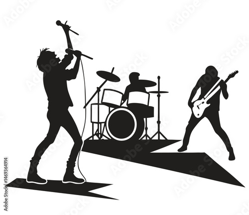high-contrast vector silhouette of a rock band performing, centered on a plain dark stage background. Use an edgy and energetic style.
