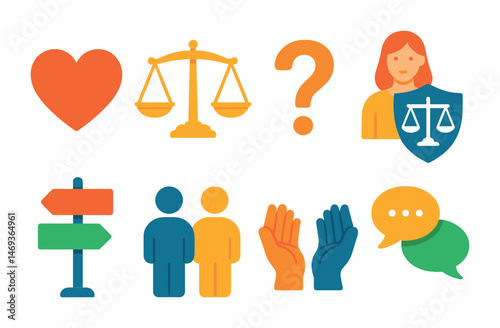 Legal and justice icons set – flat, filled, law and courtroom symbols