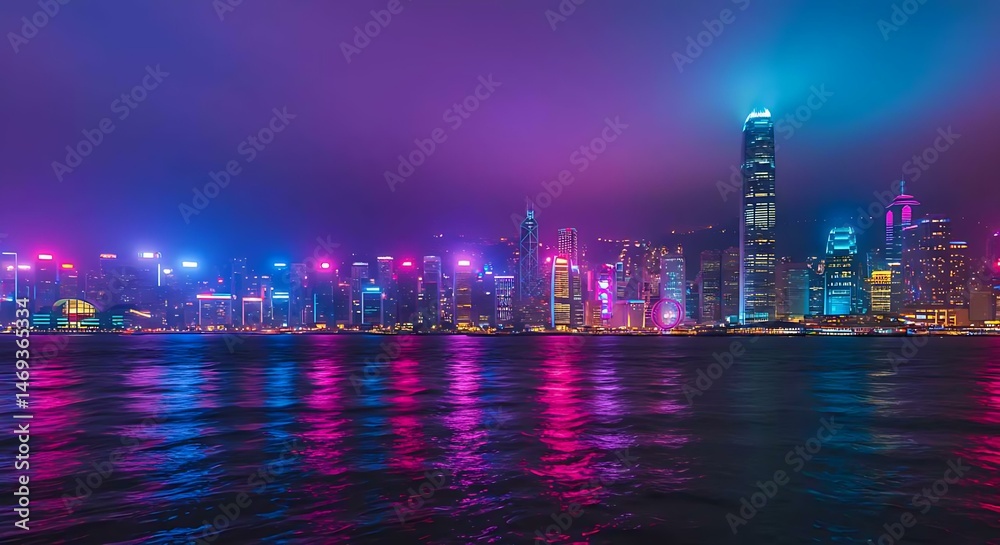 Fototapeta premium Vibrant Hong Kong Skyline Night