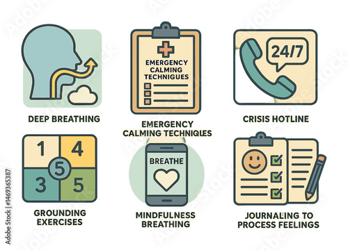 Mental health support icons set - outline, linear, therapy and wellbeing symbols