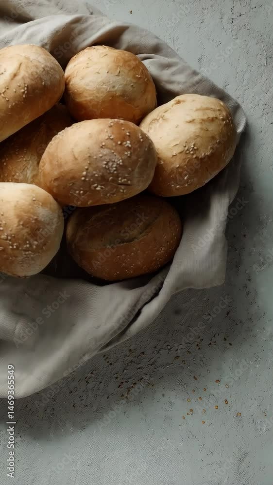 Close-up of freshly baked rolls with sesame seeds arranged on a linen cloth against a neutral grey textured surface. Close-up of freshly baked rolls with sesame seeds arranged on a linen cloth against a neutral grey textured surface.