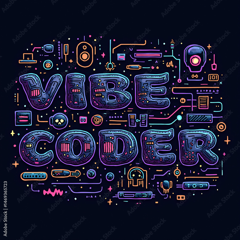 Vibe Coder — Cyberpunk Doodle Vector Design with Futuristic Tech Elements Vibe Coder — Cyberpunk Doodle Vector Design with Futuristic Tech Elements