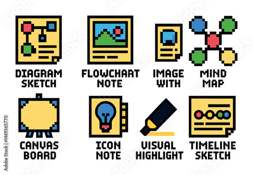 Project management pixel art icons set – outline, mind map, flowchart symbols