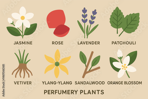 Perfumery plants flat icons set – floral, aromatic, essential oils graphics
