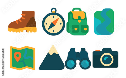 Hiking and camping filled icons set – flat, solid, outdoor adventure symbols