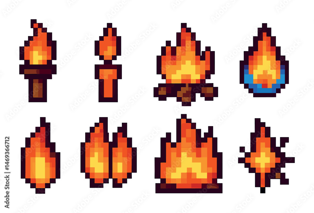 Obraz premium Fire and flames icons set – pixel art, blazing, campfire illustrations