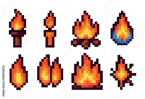 Fire and flames icons set – pixel art, blazing, campfire illustrations