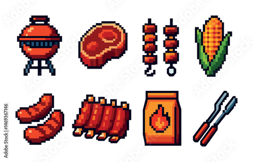 Barbecue and grill pixel art icons set – food, cooking, bbq essentials
