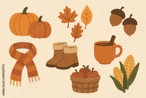 Autumn harvest flat icons set – fall, seasonal, cozy design elements