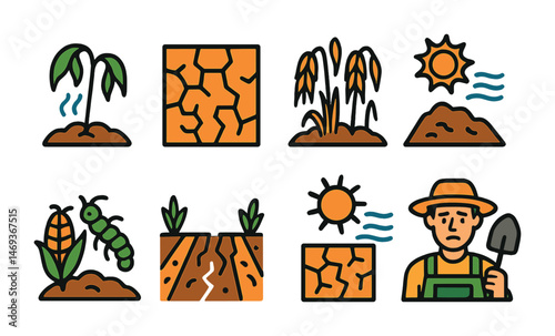 Drought and agriculture icons set – flat, outline, farming and climate symbols
