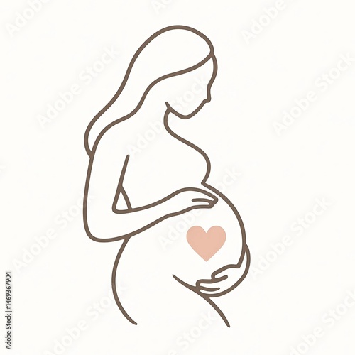 Minimalist line art of a pregnant woman with a heart symbol on her belly, abstract silhouette, soft neutral colors