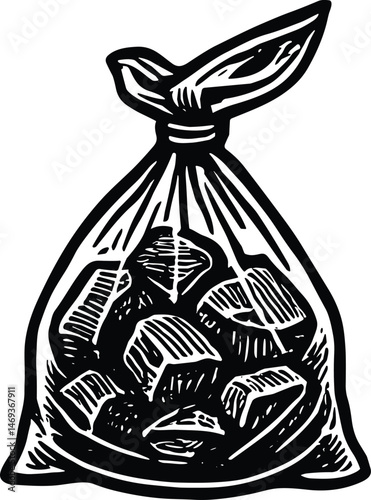 A black and white illustration of a tied plastic bag filled with irregular chunks, possibly coal or rocks, sealed for transport or storage